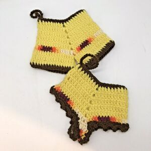 2 Vintage Hand Crocheted His & Hers Pants Potholders Yellow & Brown Hand Crafted